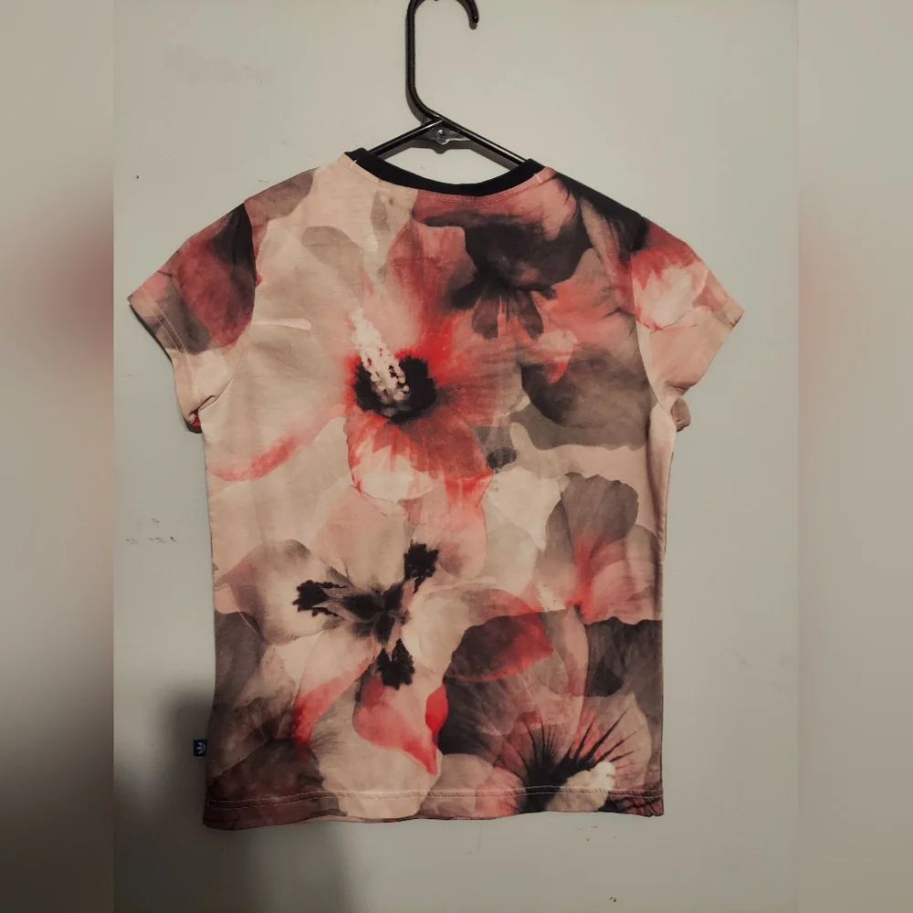 Adidas Originals T Shirt Top Size Medium Black Trefoil Floral Short Sleeve